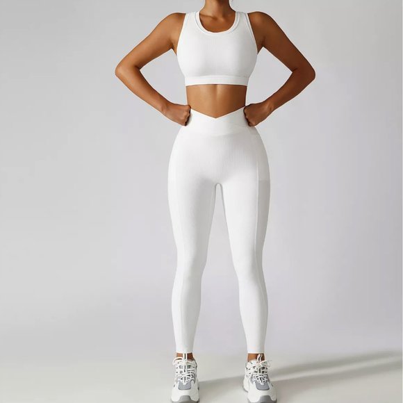 Smoosh Pants - White Ribbed V line Pocket leggings high rise